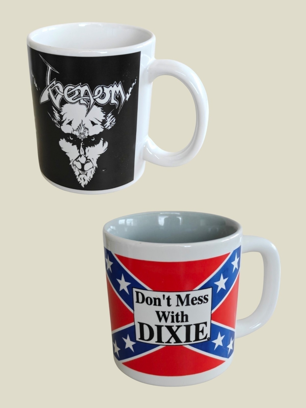 Lot of 2 Collectible Mugs - Venom Band and Satirical Americana